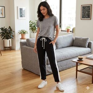 Bassike Black Casual Pants White Stripes Organic Cotton Size 2/Medium